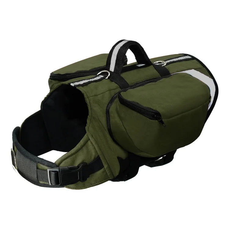 Reflective dog hiking harness with saddle bags   for trail & travel
