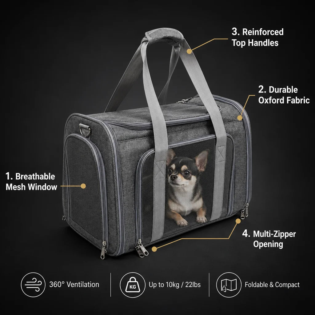 Foldable Oxford Portable Pet Carrier Bag Breathable Mesh Window Travel Cat Small Dog Carrier Lightweight Multi-Zipper OEM